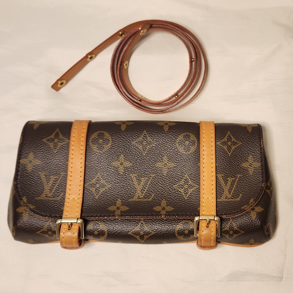 Louis Vuitton Monogram Leather Double Buckle Fanny Pack/ Waist Belt Bag